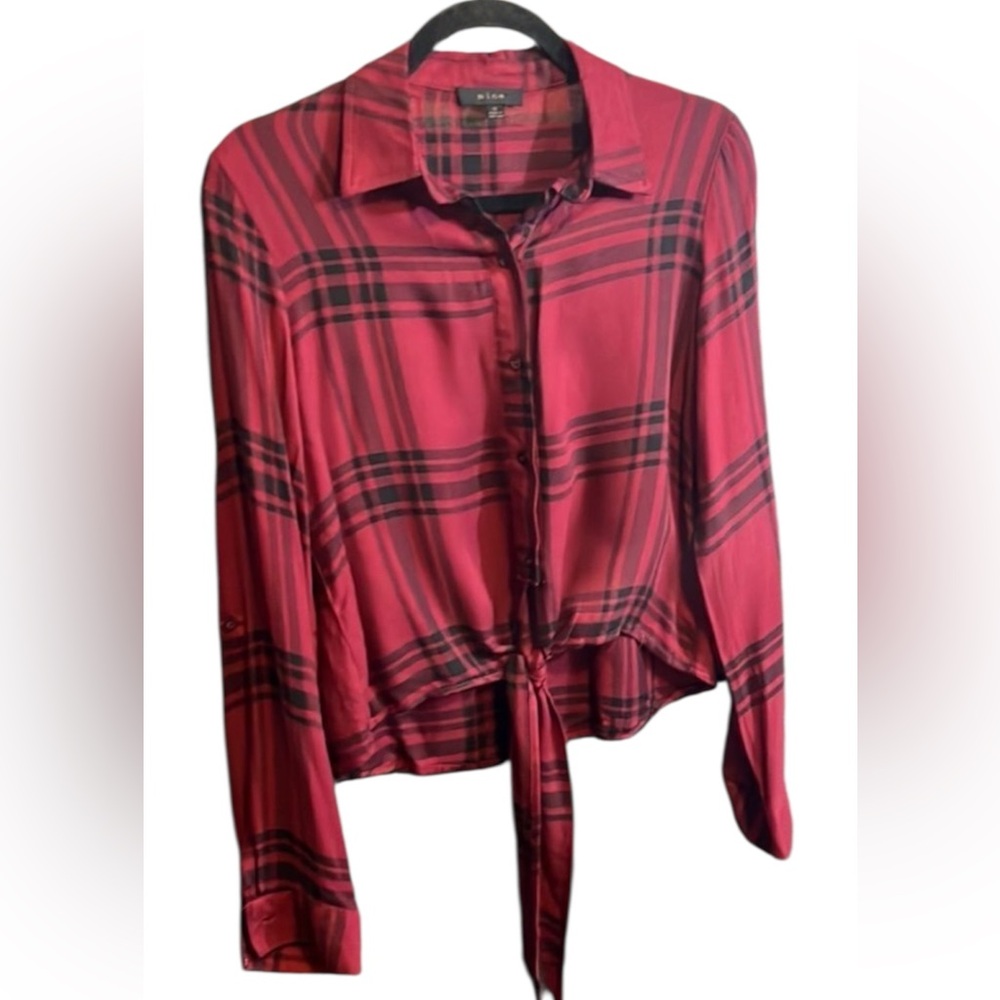 NWOT Wine and Black stripes Cropped Flannel Style Blouse Size Small by Mine
